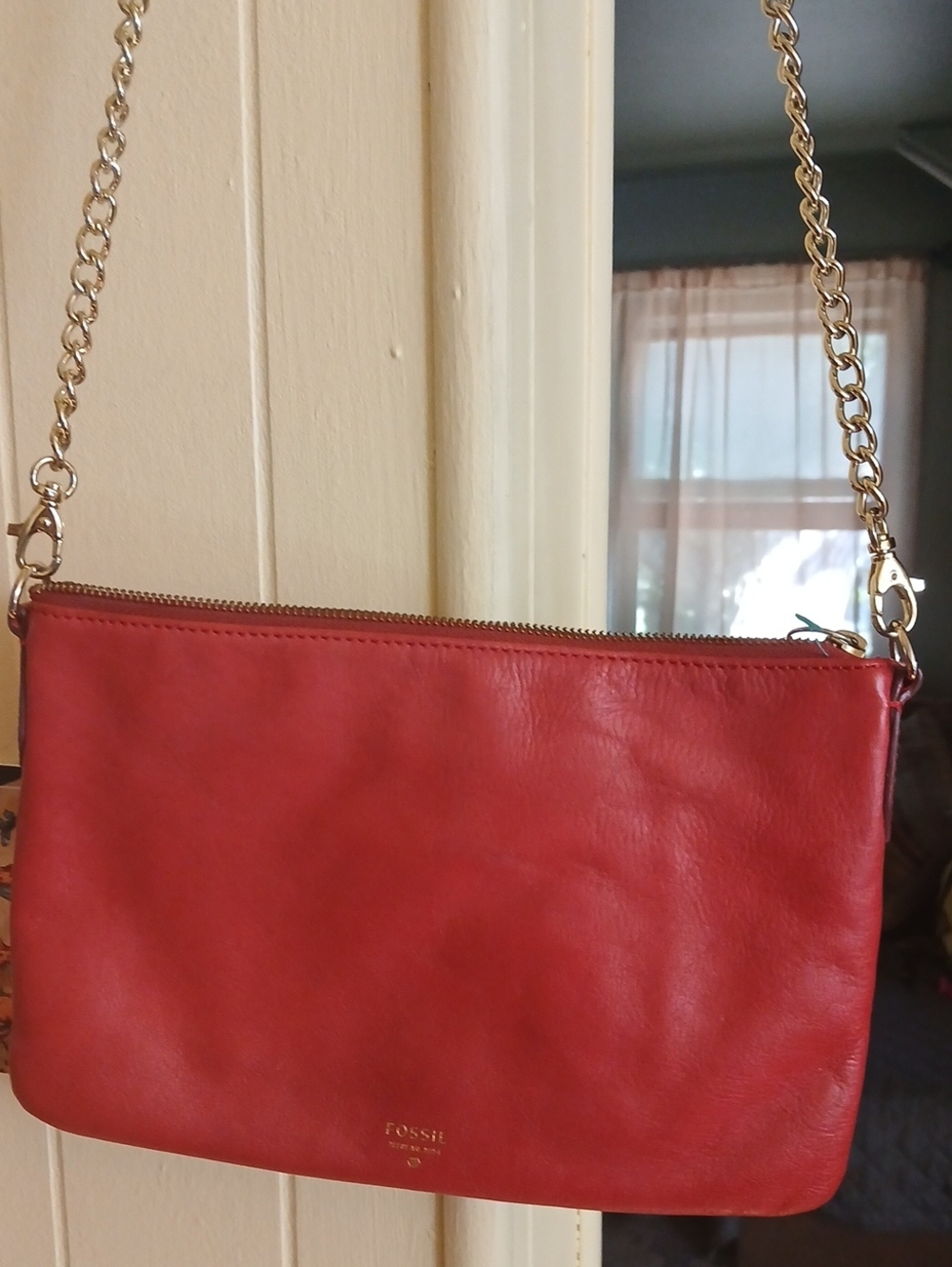 Fossil Red Leather Chain Crossbody Bag